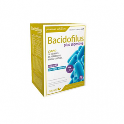 Caixa de suplemento Bacidofilus plus digestive com texto e imagem azul de cápsulas