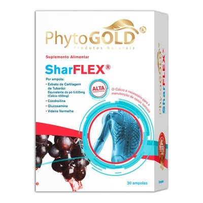 Caixa branca do suplemento alimentar PhytoGOLD SharFLEX com imagens de uvas e esqueleto humano