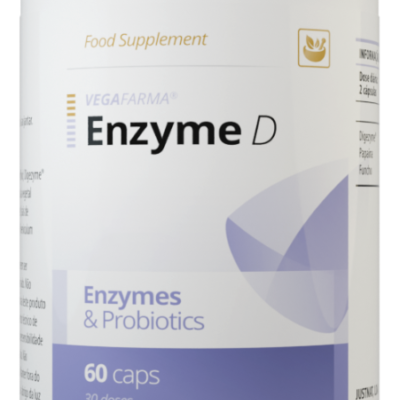 Frasco branco de suplemento alimentar VEFAFARMA Enzyme D, rótulo branco azul dourado