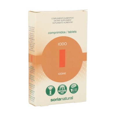 Embalagem creme de suplemento de iodo Sorianatural com círculo laranja e texto