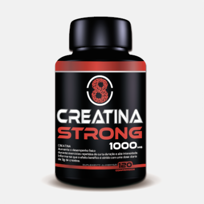 Frasco de suplemento creatina strong 1000 mg preto com rótulo vermelho e branco