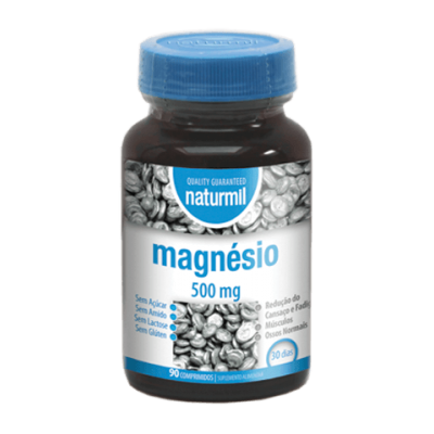 Frasco de suplemento de magnésio Naturmil com rótulo branco e tampa azul