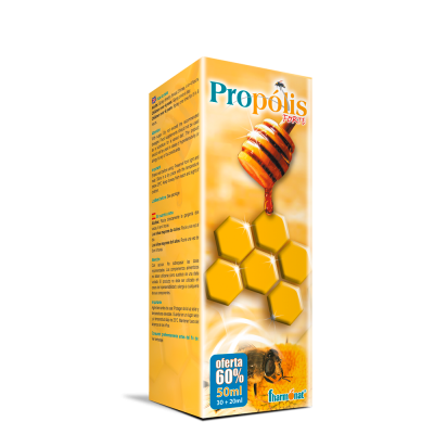 Embalagem amarela do produto Propolis Forte com favos de mel e destaque para oferta de 60%