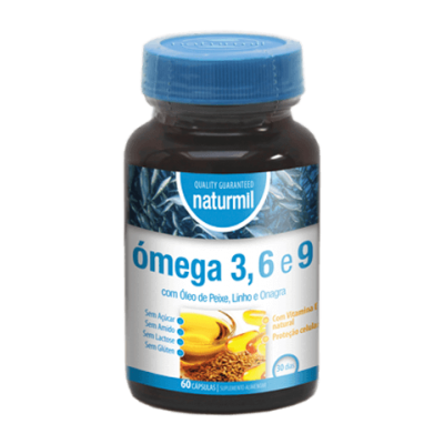 frasco de suplemento ómega 3 com tampa azul e rótulo branco e azul