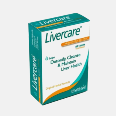 Caixa de medicamento Livercare com cores verde e branco