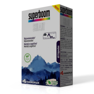 Embalagem de suplemento superboom SHILAJIT com texto e imagem de montanhas azuis.