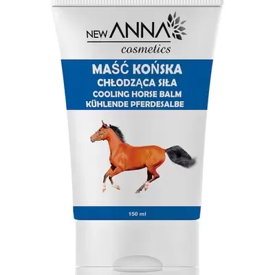 Tubo branco de bálsamo com cavalo e texto em várias línguas