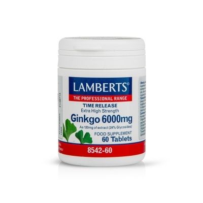 Frasco branco do suplemento alimentar Lamberts Ginkgo 6000mg com rótulo colorido e folhas verdes