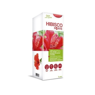 Embalagem branca de produto Hibisco Forte com imagens de flores de hibisco vermelhas e texto em vermelho e verde.
