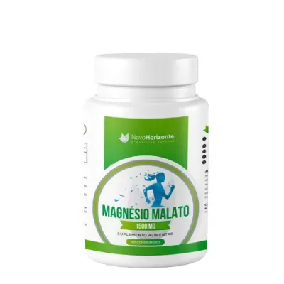 Frasco de suplemento alimentar Magnésio Malato com etiquetas verdes e brancas