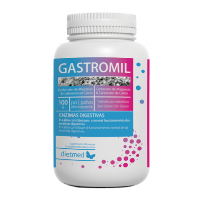 Frasco branco com rótulo azul, branco e rosa de suplemento Gastromil