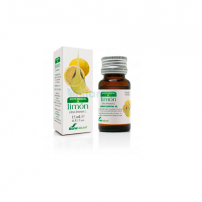 Frasco pequeno de óleo essencial de limão com caixa ao lado