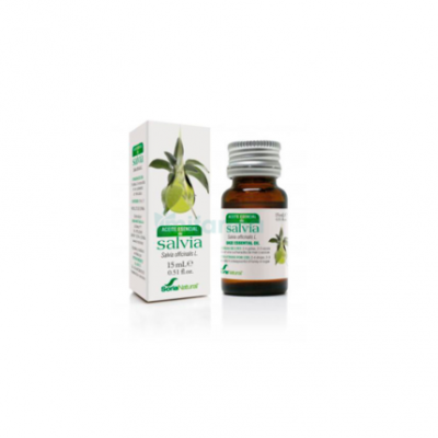 Frasco vidro castanho óleo essencial sálvia ao lado da embalagem branca com ilustração de planta