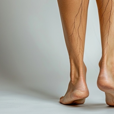 Pernas e pés nus com padrão de linhas finas castanhas, fundo cinzento claro