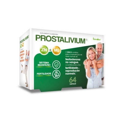 Embalagem de suplemento Prostalivium verde e branco com texto e imagem de casal