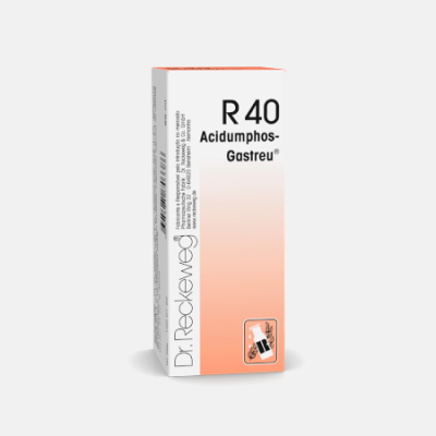 Embalagem de medicamento R40 Acidumphos-Gastreu com design em laranja e branco.