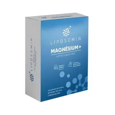 Caixa do suplemento alimentar Liposomia Magnésium+ azul e branca
