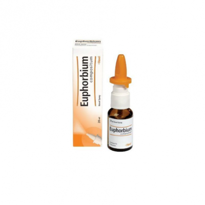 Frasco de spray nasal Euphorbium compositum com embalagem branca e laranja.