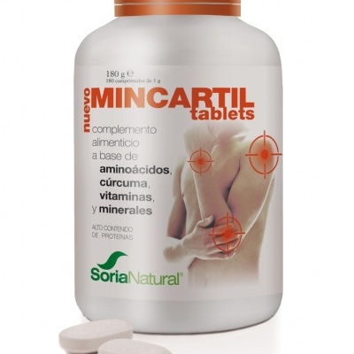 Frasco branco de suplemento MINCARTIL tablets com tampa laranja e imagem de corpo humano com alvos vermelhos.