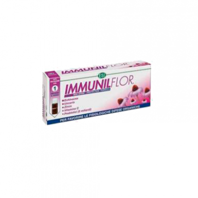Embalagem branca e rosa do produto que diz IMMUNILFLOR com texto em italiano.