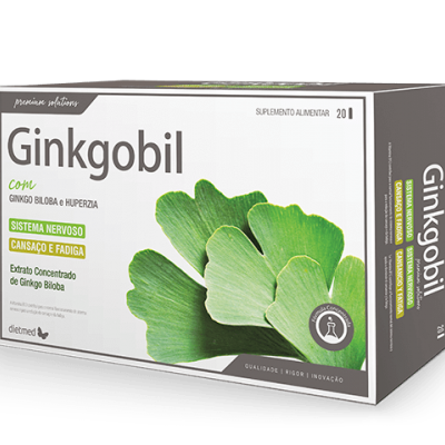 Caixa branca de suplemento alimentar Ginkgobil com folhas verdes de Ginkgo Biloba