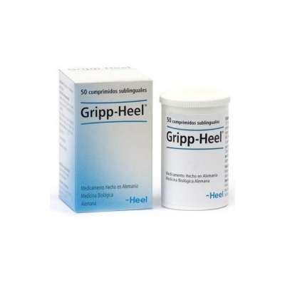Caixa e frasco de comprimidos Gripp-Heel, branco e azul, 50 comprimidos sublinguais