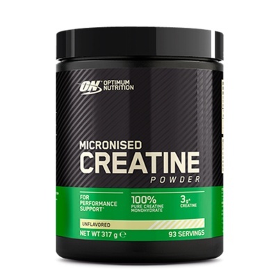 Frasco preto de suplemento Micronised Creatine Optimum Nutrition com rótulo preto e verde