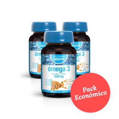 Frascos de suplemento ômega 3 Naturmil com tampa azul e selo Pack Económico