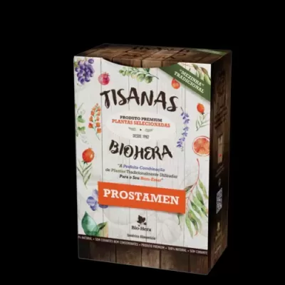 Caixa de tisanas BioHera com design floral e etiqueta laranja Prostamen