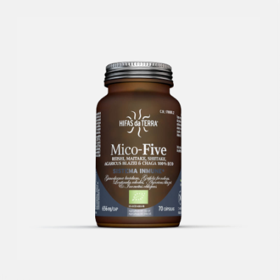 Frasco de suplemento Mico-Five com rótulo azul e texto branco