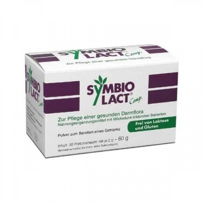 Embalagem do suplemento alimentar SymbioLact Comp com texto em alemão.