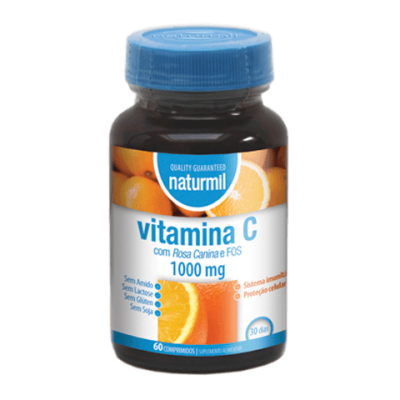 frasco de suplemento vitamina C Natrumil com tampa azul e rótulo com laranja