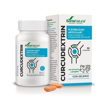 Frasco e caixa de suplemento CURCUDEXTRIN para flexibilidade articular com curcuma, gengibre e selénio