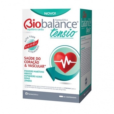 Embalagem do suplemento Biobalance Tensão com design branco, verde e vermelho e imagem de coração com linha de ECG