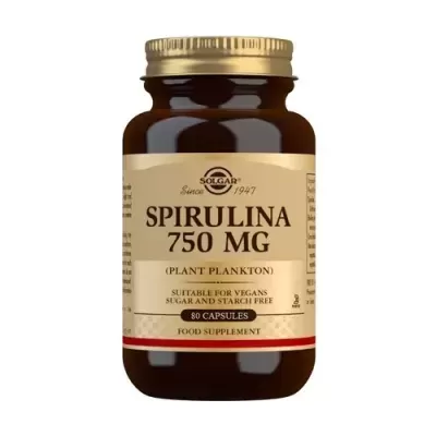 Frasco castanho de suplemento alimentar Solgar Spirulina 750 mg com tampa dourada
