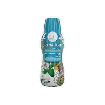 Frasco azul de suplemento Hydra Drenalight com imagens de plantas no rótulo
