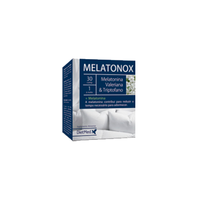 Caixa de suplemento MELATONOX com texto e imagem de plantas