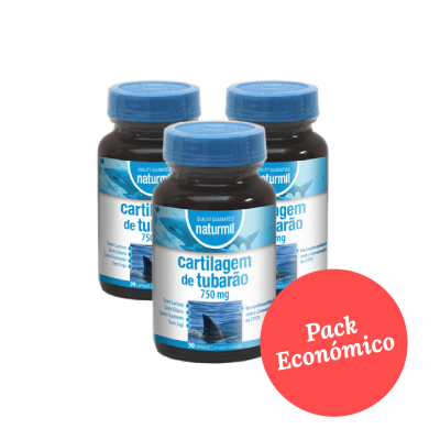 Frascos de suplemento cartilagem de tubarão Naturmil 750 mg com selo Pack Económico