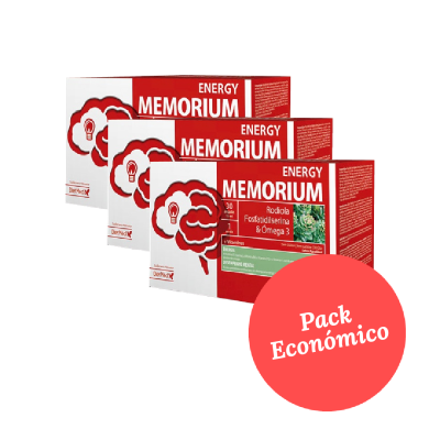 Três embalagens do suplemento ENERGY MEMORIUM com selo 'Pack Económico' em fundo branco