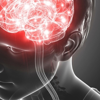 Cabeça humana com cérebro iluminado em vermelho em imagem 3D