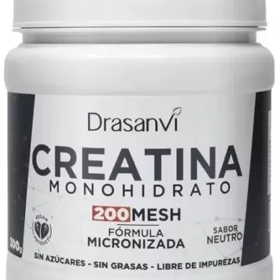 Frasco branco de suplemento de creatina Drasanvi com rótulo informativo.