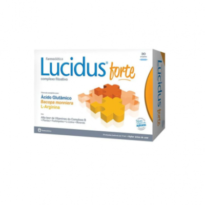 Embalagem branca e laranja do suplemento Lucidus forte com imagem de puzzle