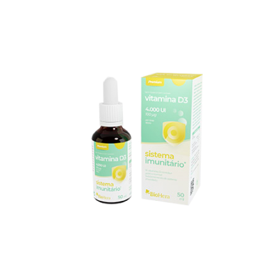 Suplemento Vitamina D3 4000 UI com frasco conta-gotas e caixa em verde e amarelo