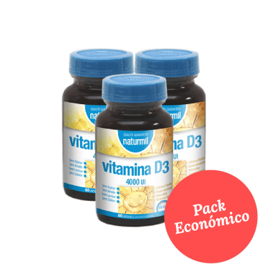 Pack económico de vitamina D3 4000 UI naturmil em frascos com tampas azuis
