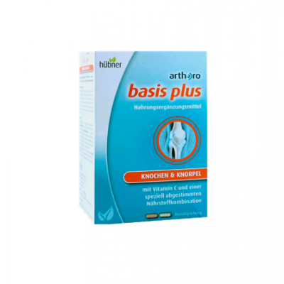 Embalagem azul e branca de suplemento alimentar arthoro basis plus da marca hibner