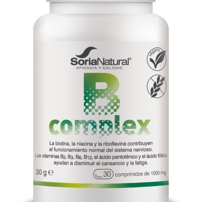 Frasco branco de suplemento B complex da Soria Natural com texto e ícones no rótulo