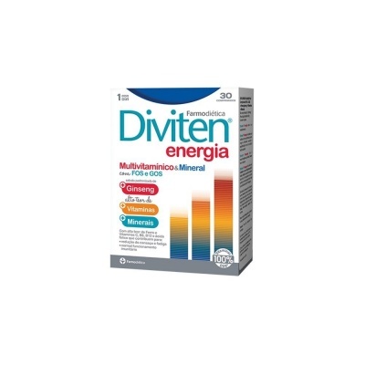 Embalagem do suplemento multivitamínico Diviten Energia branco e azul