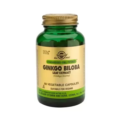 Frasco verde de vidro com cápsulas vegetais de Ginkgo Biloba Solgar