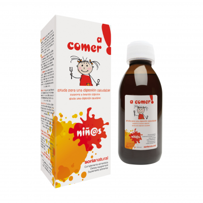 Frasco e caixa do suplemento alimentar 'a comer!' para crianças com design colorido e texto em espanhol