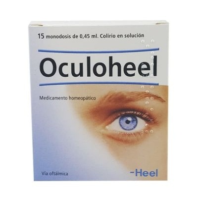 Caixa de medicamento Oculoheel com imagem de olho azul
